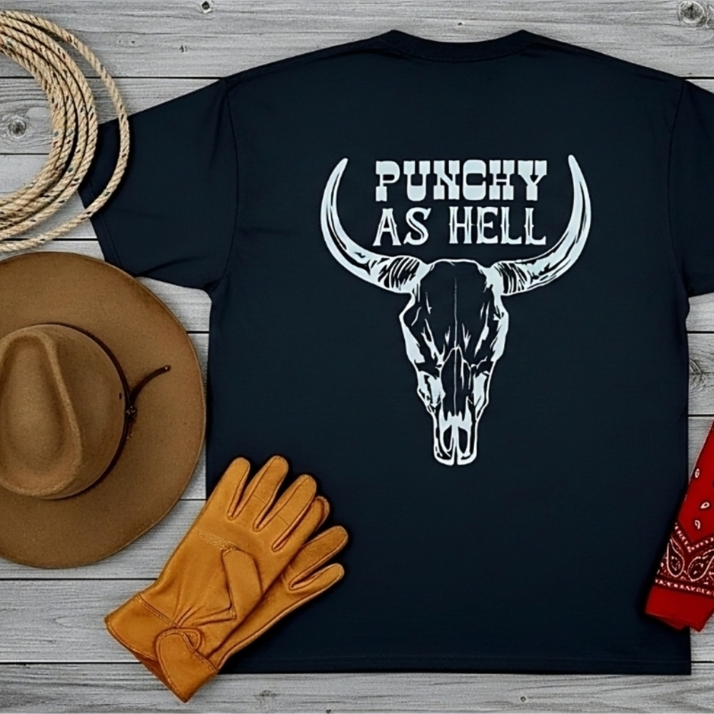 Punchy As Hell Western Tee • Longhorn Skull Back Graphic • Cowboy Cowgirl Ranch